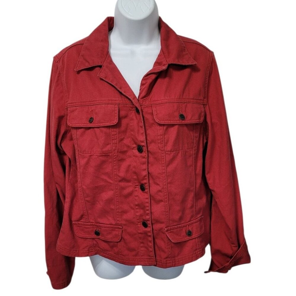 CHADWICKS Red Jean Style Cotton‎ Jacket 16 Front Pockets Buttons Trucker